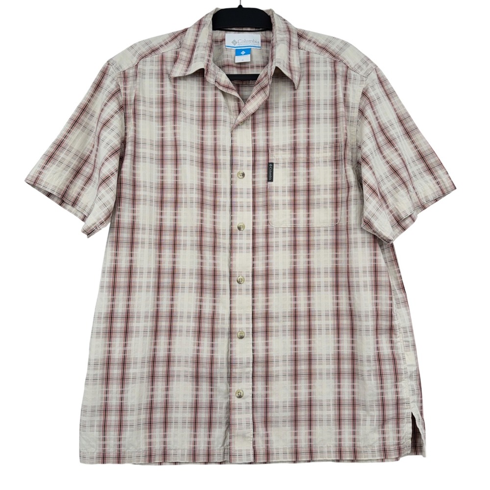 Columbia Plaid Button Front Men M 100% Cotton Beige Red XM7253